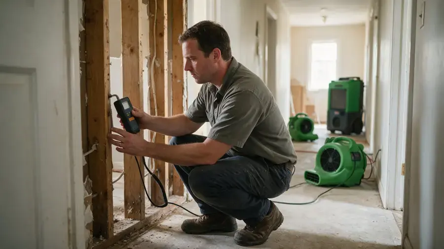 Technician checking an opened wall with a moisture meter during a Lancaster water damage dry-out