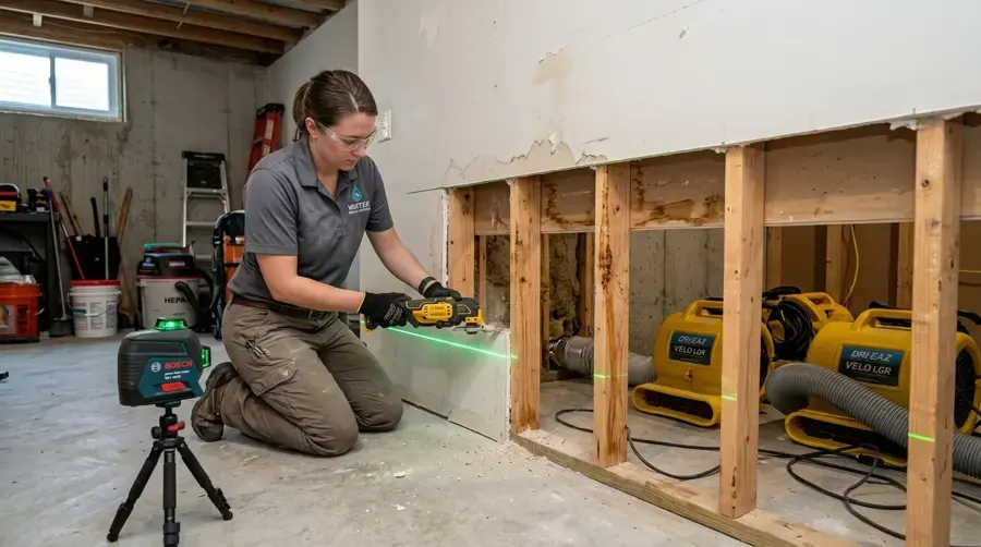 Flood cut being marked with a laser level beside air movers during drying in Lancaster, SC
