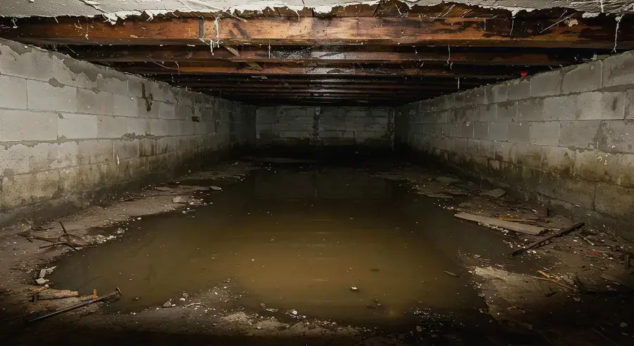 Standing water across a block-walled crawl space before extraction in Lancaster, SC