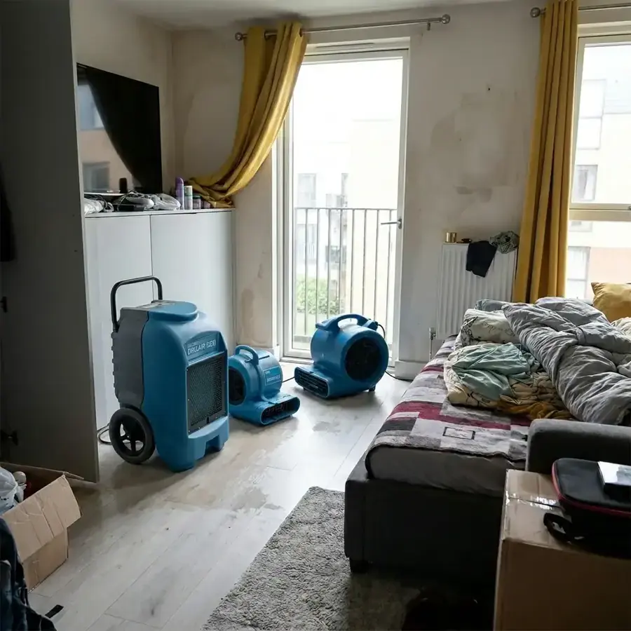 Dehumidifier and air movers drying a bedroom after a water leak in Lancaster