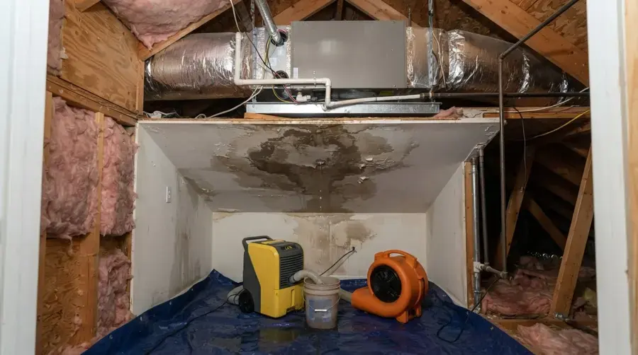 Attic air handler above a water-stained ceiling with drying equipment set below it in Lancaster, SC