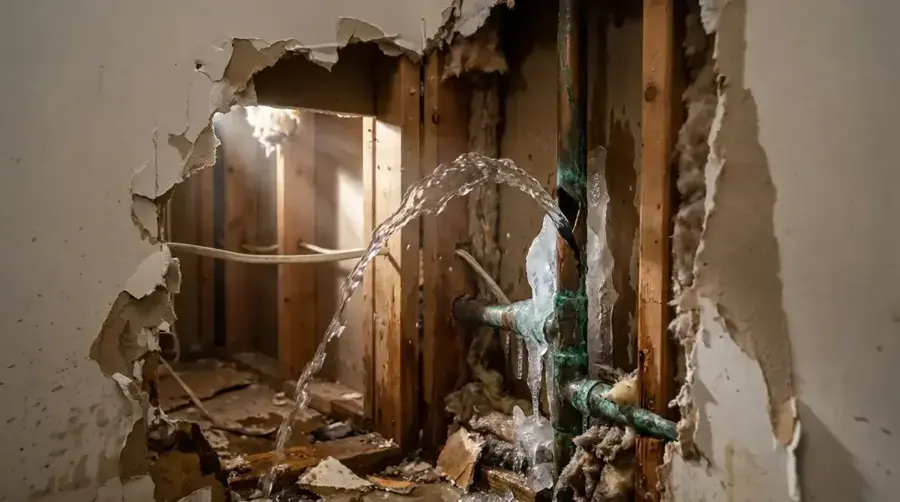 Burst pipe spraying water inside an opened wall cavity, the kind of supply failure treated in Lancaster, SC