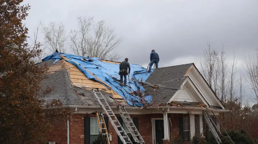 Crew spreading a blue tarp over a storm-damaged roof on a brick house near Lancaster, SC