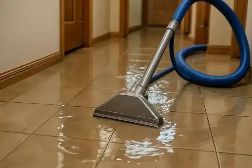 Extraction wand pulling standing water off a tile hallway floor during water removal in Lancaster, SC